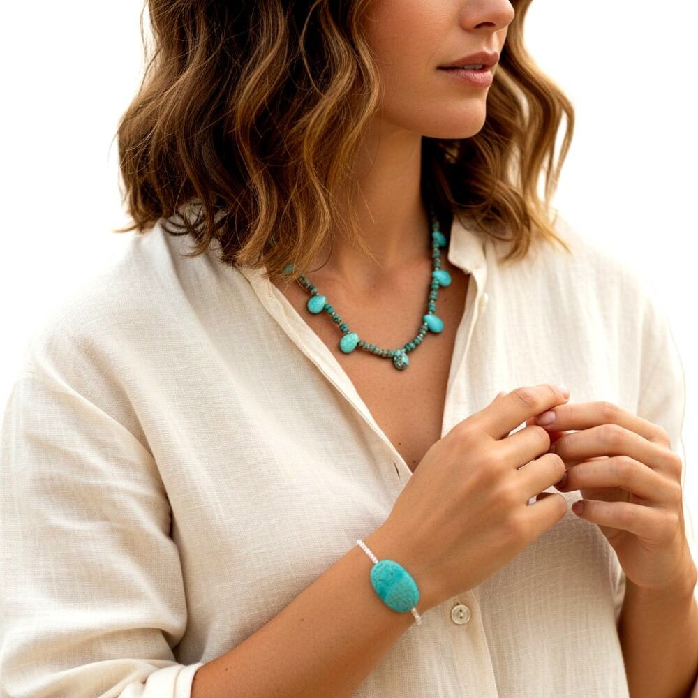 Artisan Genuine Kingman Turquoise Necklace Bracelet Set Silver Toggle